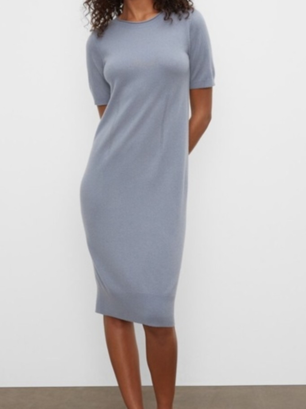 Club Monaco Short Sleeve Knit Midi Dress in Dusty Blue